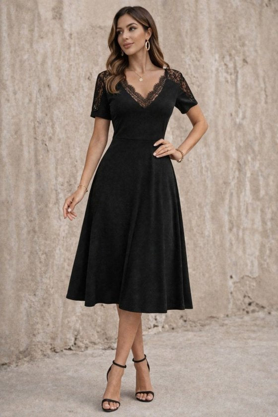 Women's Short Sleeve V-Neck Lace Midi Viscose Dress, 32994