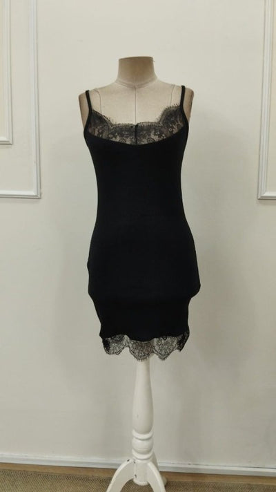 Women's Spaghetti Strap Neckline Lace Detail Short Ribbed Knit Dress, 33003