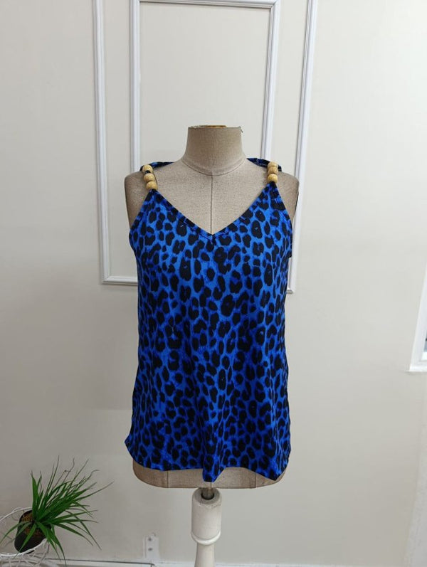 Kadın Askılı V Yakalı Boncuk Detaylı Leopar Desenli Süprem Bluz, 33021