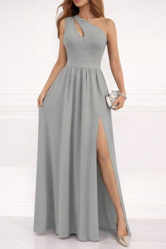 Rochie maxi din crep strălucitor, cu decolteu asimetric și umeri goi, pentru femei, 33097