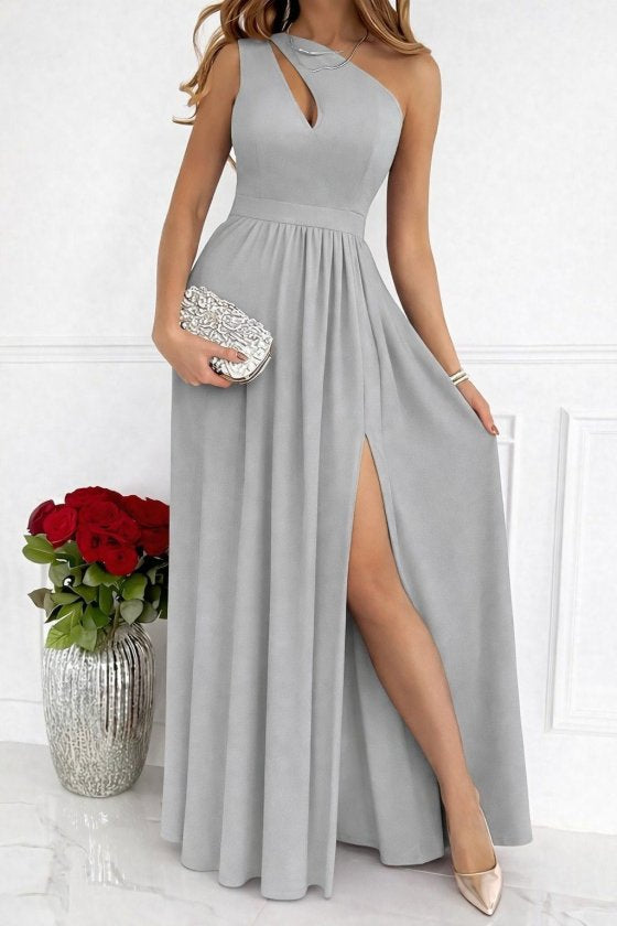 Rochie maxi din crep strălucitor, cu decolteu asimetric și umeri goi, pentru femei, 33097