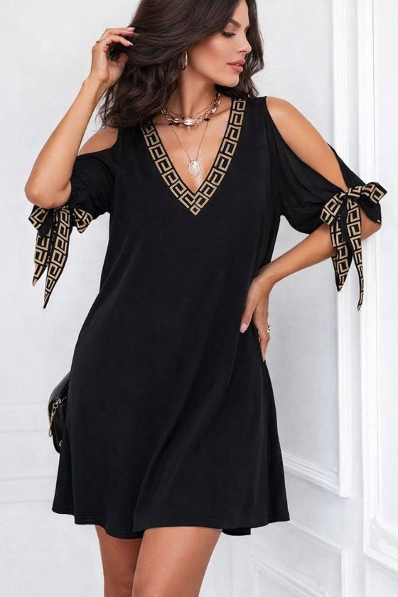 Rochie scurtă de damă, cu mânecă scurtă și decolteu în V, culoare nisip, 34640