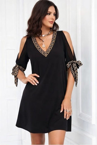 Rochie scurtă de damă, cu mânecă scurtă și decolteu în V, culoare nisip, 34640