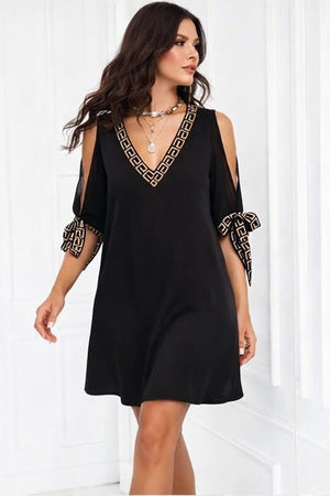 Rochie scurtă de damă, cu mânecă scurtă și decolteu în V, culoare nisip, 34640