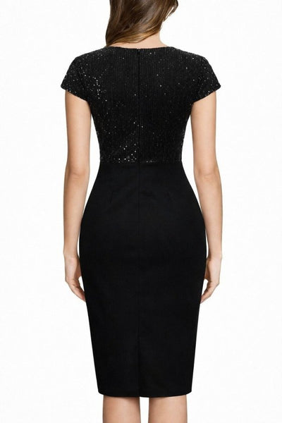 Rochie de damă midi din crep importat, cu mânecă scurtă, decolteu petrecut și detalii strălucitoare, 33058