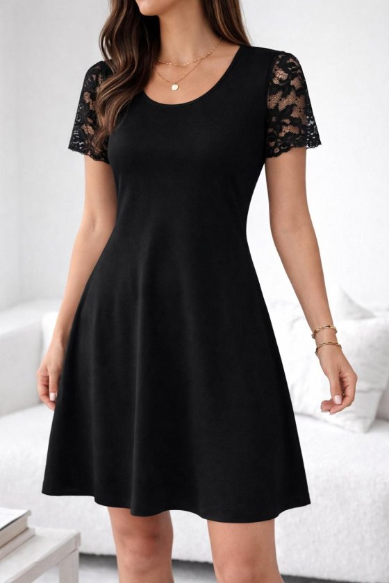 Women's Short Sleeve Round Neck Lace Sleeve Short Viscose Dress, 33045