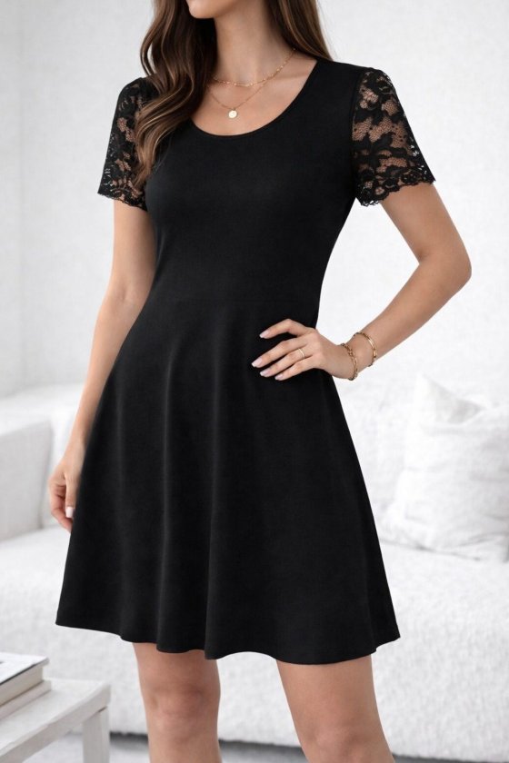 Women's Short Sleeve Round Neck Lace Sleeve Short Viscose Dress, 33045
