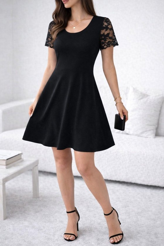 Women's Short Sleeve Round Neck Lace Sleeve Short Viscose Dress, 33045