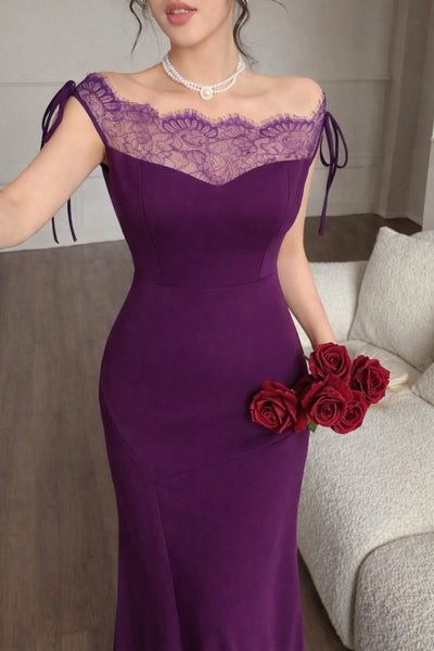 Rochie lungă de damă din crep importat, cu decolteu barcă, cu detalii din dantelă la bust și decolteu, 33064