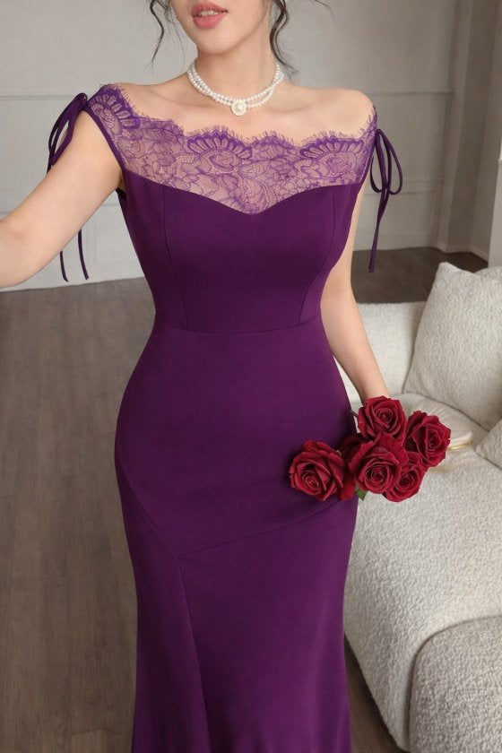 Rochie lungă de damă din crep importat, cu decolteu barcă, cu detalii din dantelă la bust și decolteu, 33064