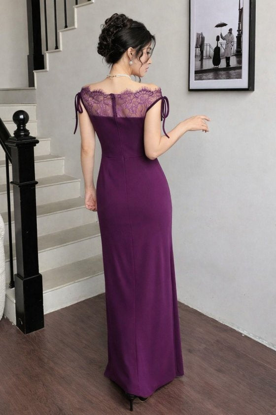 Rochie lungă de damă din crep importat, cu decolteu barcă, cu detalii din dantelă la bust și decolteu, 33064