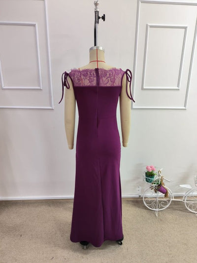 Rochie lungă de damă din crep importat, cu decolteu barcă, cu detalii din dantelă la bust și decolteu, 33064