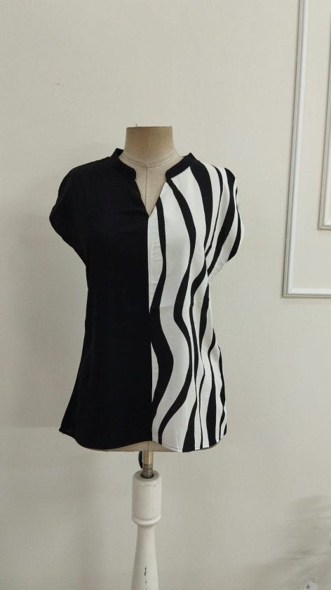 Women's Short Sleeve Stand Collar V-Neck Woven Viscose Blouse, 33067