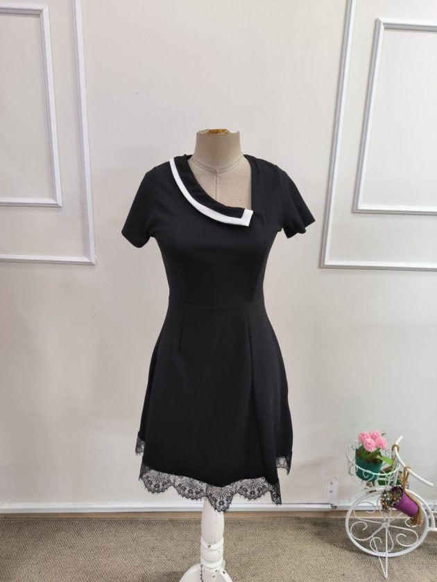 Rochie scurtă din crep strălucitor, cu mânecă scurtă și guler, pentru femei, 33068