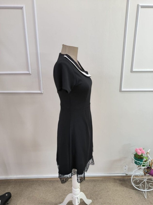 Rochie scurtă din crep strălucitor, cu mânecă scurtă și guler, pentru femei, 33068