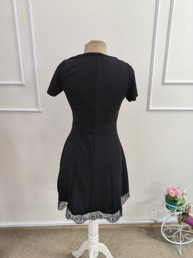 Rochie scurtă din crep strălucitor, cu mânecă scurtă și guler, pentru femei, 33068