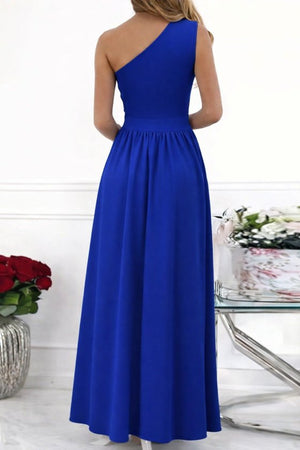 Rochie maxi din crep strălucitor, cu decolteu asimetric și umeri goi pentru femei, 33099