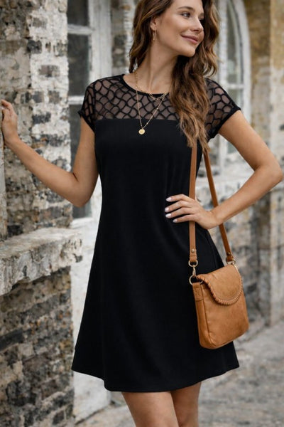 Women's Short-Sleeve Crew Neck Tulle Detail Short Iridescent Crepe Dress, 33100