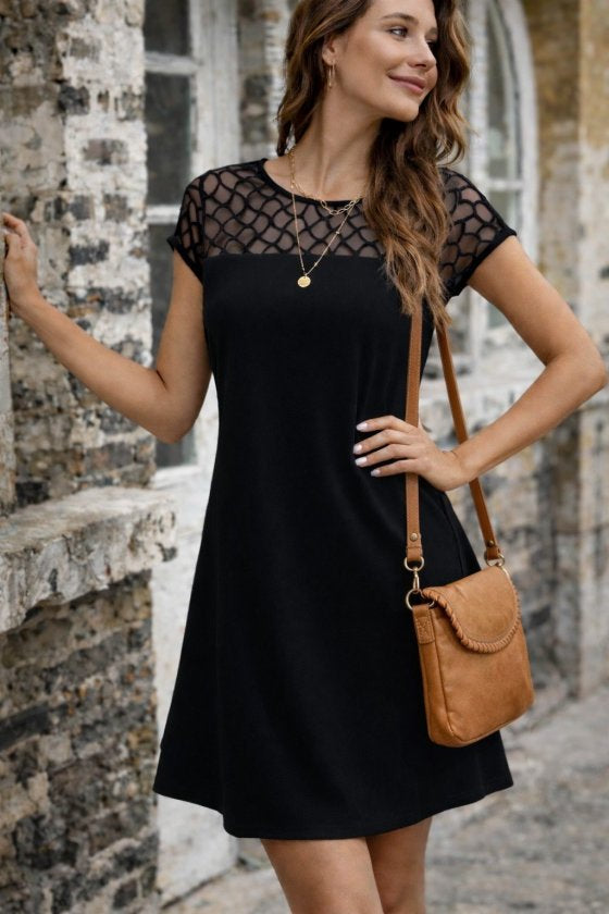 Women's Short-Sleeve Crew Neck Tulle Detail Short Iridescent Crepe Dress, 33100
