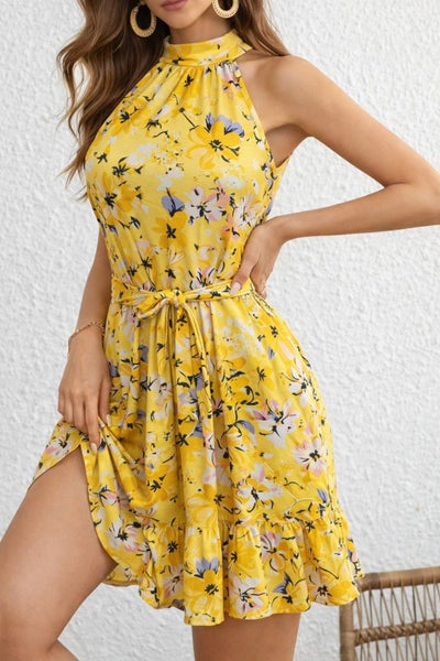 Rochie scurtă de damă tip suprex, cu umeri goi, guler înalt, cu cordon, cu model, 33103