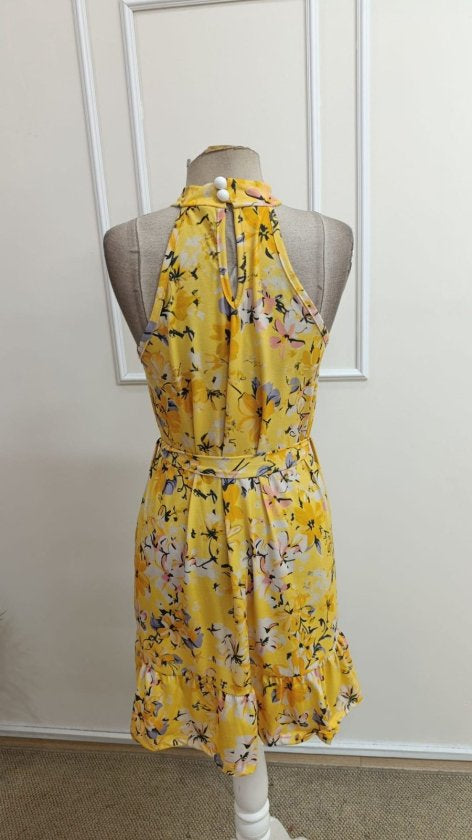 Rochie scurtă de damă tip suprex, cu umeri goi, guler înalt, cu cordon, cu model, 33103