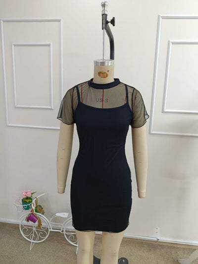 Set de două piese pentru femei, rochie scurtă de scuba cu bretele și rochie din tul cu mâneci scurte, 33108