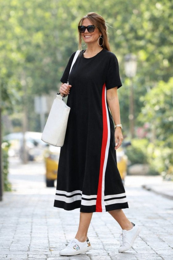 Rochie midi din viscoză, pentru femei, cu mânecă scurtă, guler rotund și detalii cu dungi laterale, 33109