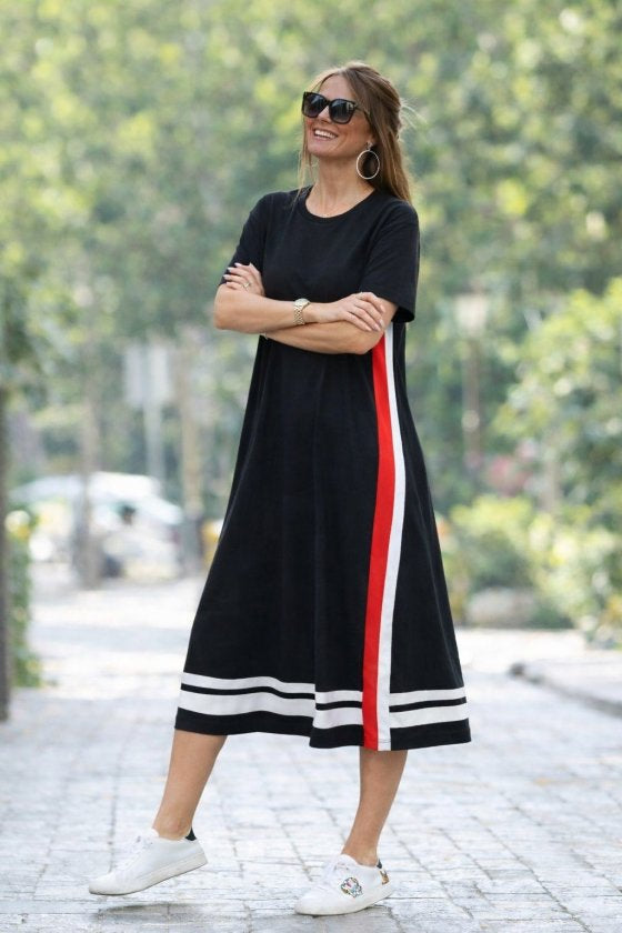 Rochie midi din viscoză, pentru femei, cu mânecă scurtă, guler rotund și detalii cu dungi laterale, 33109