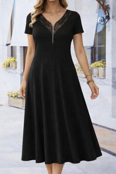Rochie lungă din viscoză, cu mânecă scurtă, dantelă și decolteu în V, 33110