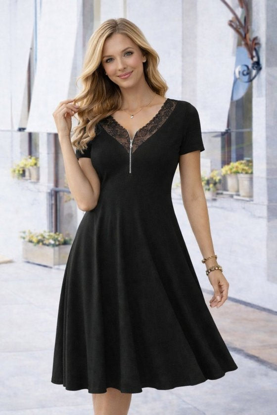 Rochie lungă din viscoză, cu mânecă scurtă, dantelă și decolteu în V, 33110