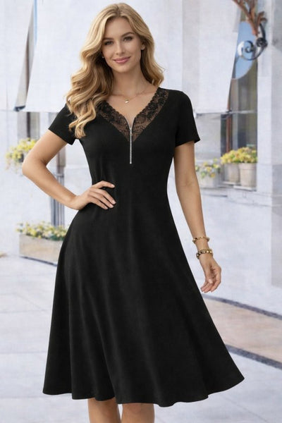 Rochie lungă din viscoză, cu mânecă scurtă, dantelă și decolteu în V, 33110