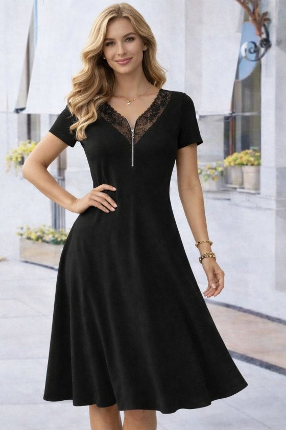 Rochie lungă din viscoză, cu mânecă scurtă, dantelă și decolteu în V, 33110