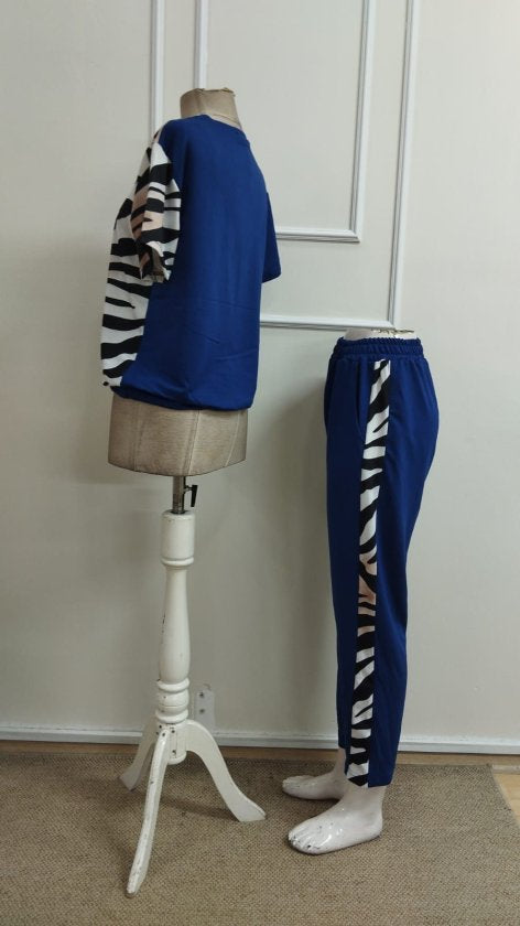 Kadın Kısa Kollu Bisiklet Yaka Zebra Desen Bluz Ve Pantolon Ikili Takım, 34968
