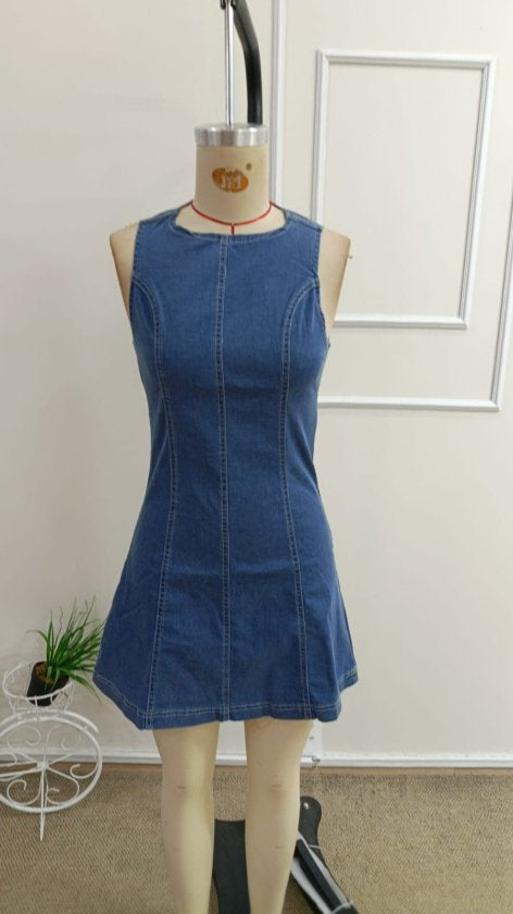 Rochie scurtă din denim, cu guler rotund și umeri goi, pentru femei, 36359