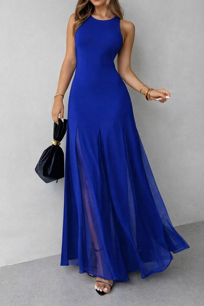 Rochie lungă din crep importat, asimetrică, cu guler rotund și bretele, cu tiv din tul, 34799