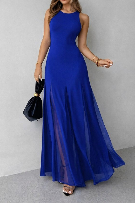 Rochie lungă din crep importat, asimetrică, cu guler rotund și bretele, cu tiv din tul, 34799