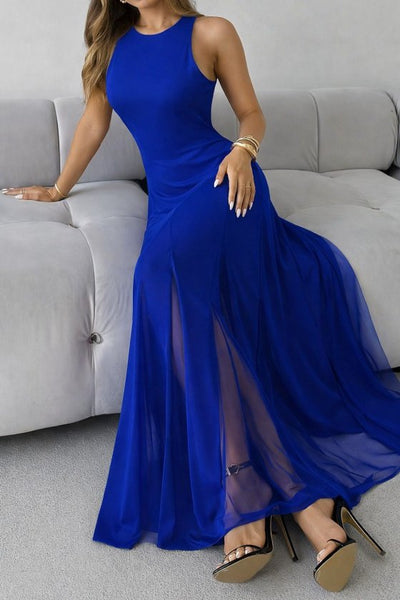 Rochie lungă din crep importat, asimetrică, cu guler rotund și bretele, cu tiv din tul, 34799
