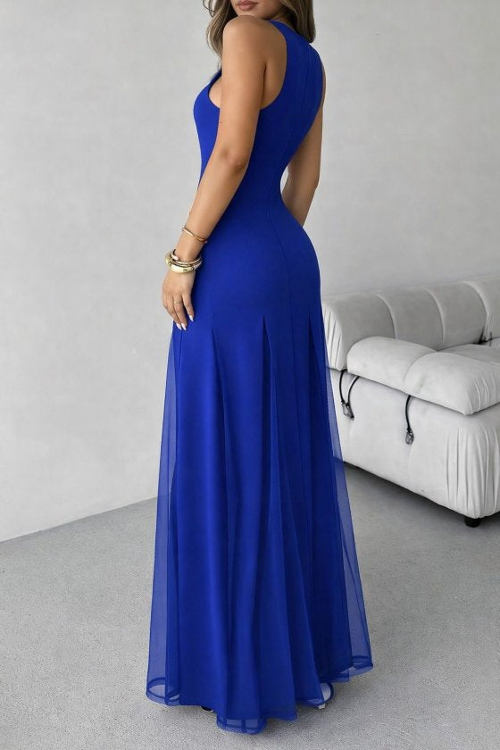 Rochie lungă din crep importat, asimetrică, cu guler rotund și bretele, cu tiv din tul, 34799