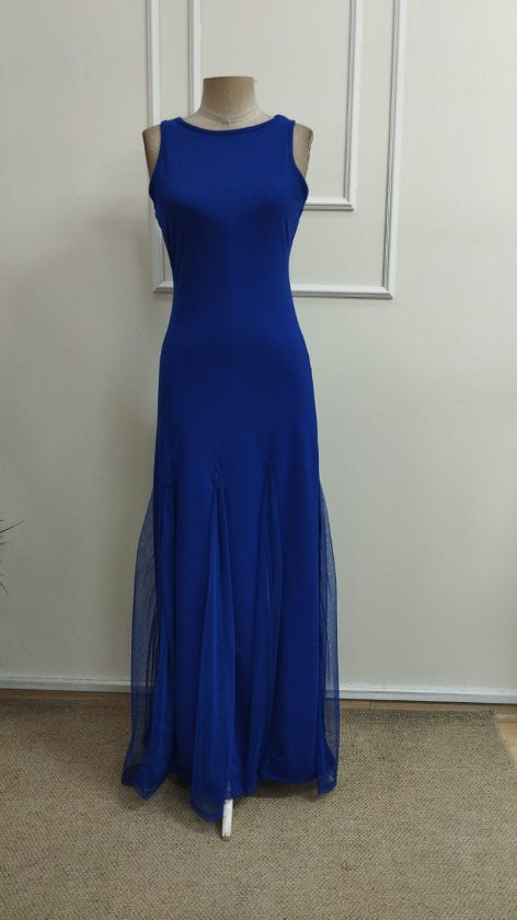 Rochie lungă din crep importat, asimetrică, cu guler rotund și bretele, cu tiv din tul, 34799