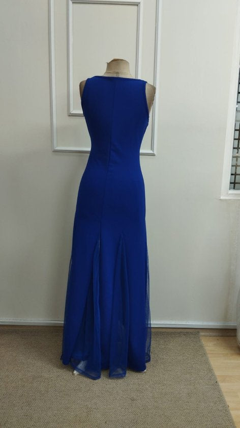 Rochie lungă din crep importat, asimetrică, cu guler rotund și bretele, cu tiv din tul, 34799