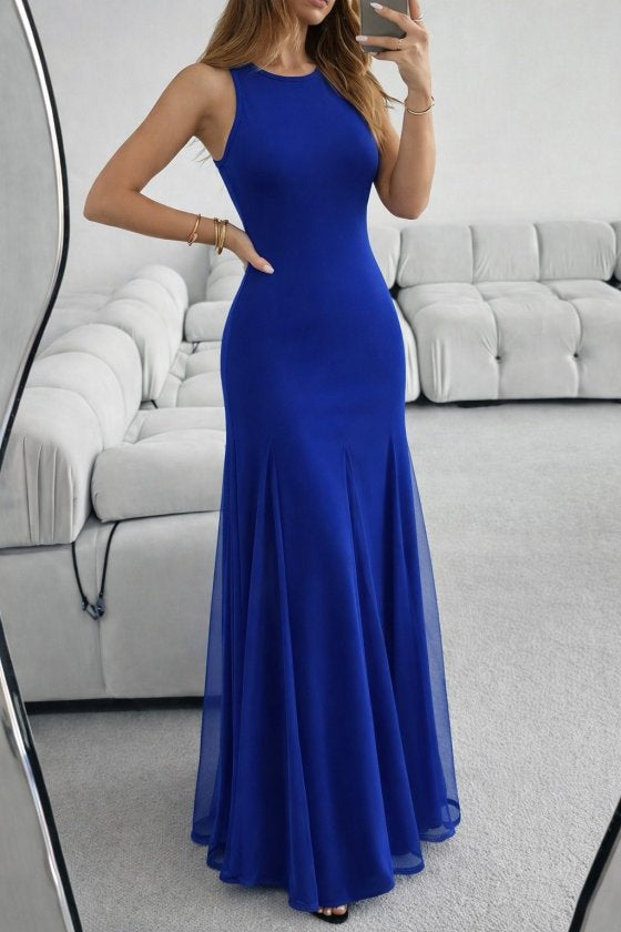 Rochie lungă din crep importat, asimetrică, cu guler rotund și bretele, cu tiv din tul, 34799