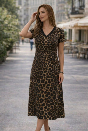 Kadın Kısa Kollu V Yakalı Leopar Desenli Kısa Süprem Elbise , 33177