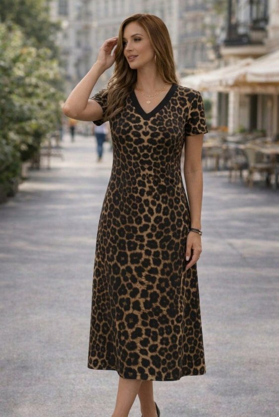 Kadın Kısa Kollu V Yakalı Leopar Desenli Kısa Süprem Elbise , 33177