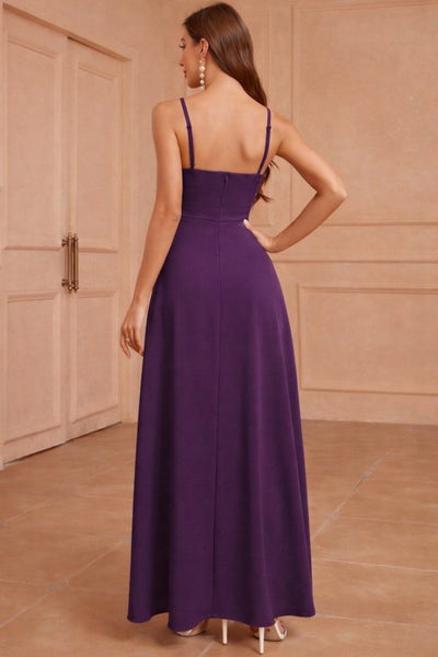 Women's Spaghetti Strap Wrap-Neck Slit Long Imported Crepe Dress, 33223