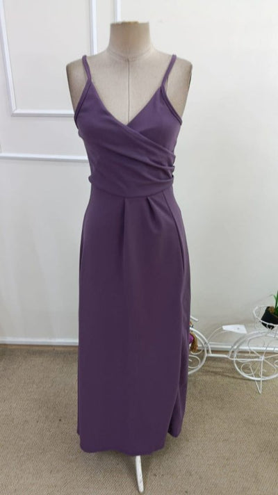 Women's Spaghetti Strap Wrap-Neck Slit Long Imported Crepe Dress, 33223