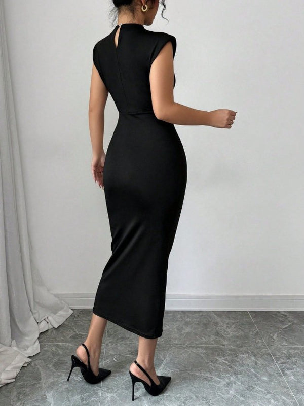 Rochie midi de damă cu guler înalt, mânecă scurtă și detaliu floral cu accesorii, 33225