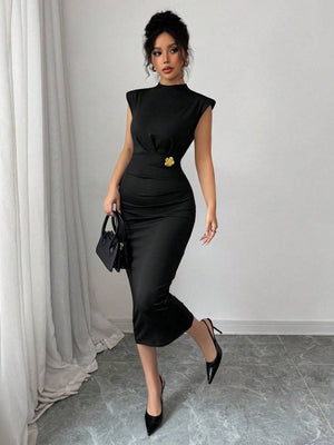 Rochie midi de damă cu guler înalt, mânecă scurtă și detaliu floral cu accesorii, 33225