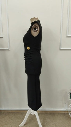 Rochie midi de damă cu guler înalt, mânecă scurtă și detaliu floral cu accesorii, 33225
