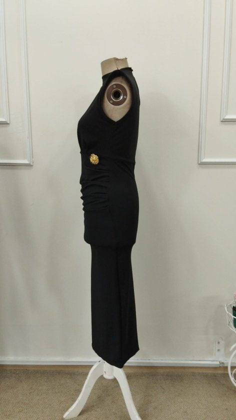 Rochie midi de damă cu guler înalt, mânecă scurtă și detaliu floral cu accesorii, 33225