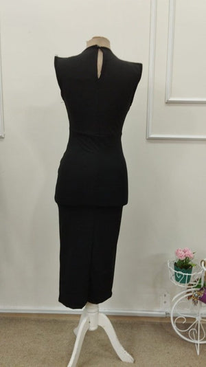 Rochie midi de damă cu guler înalt, mânecă scurtă și detaliu floral cu accesorii, 33225